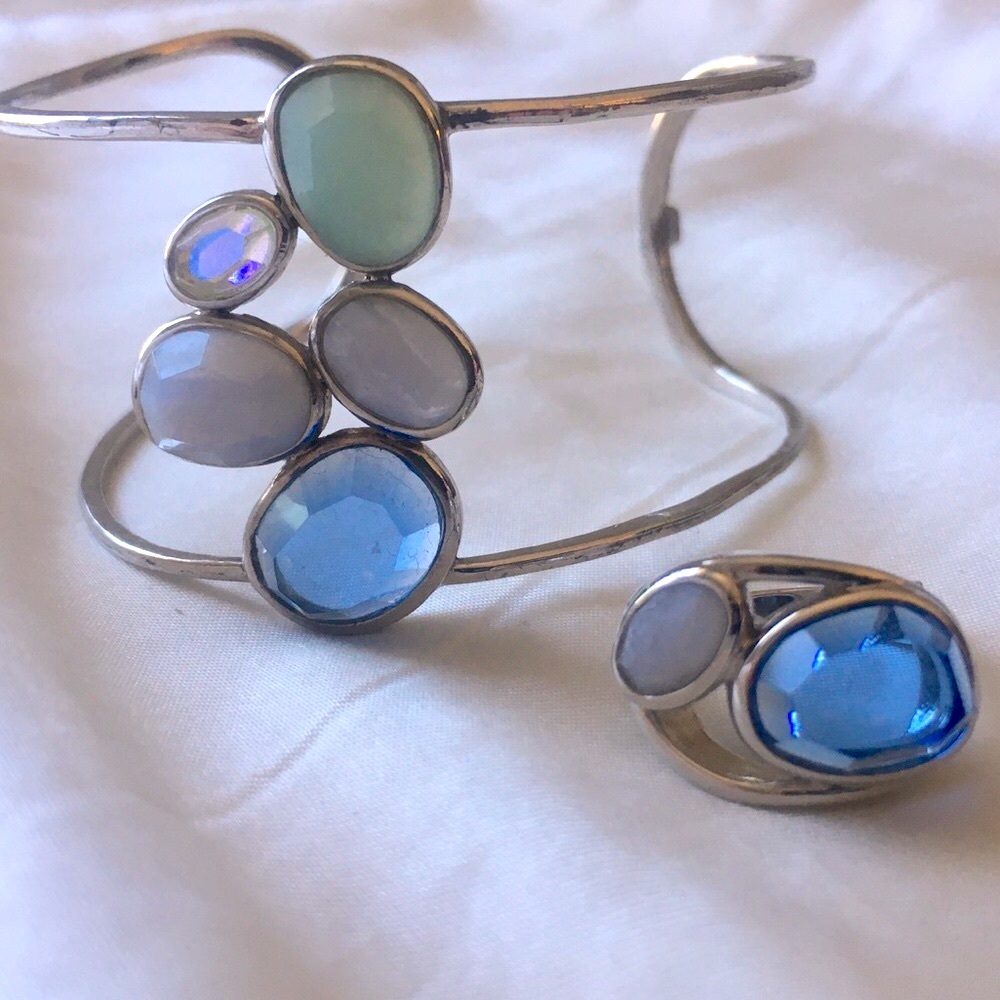 Elle silver and blue stone ring and bracelet set